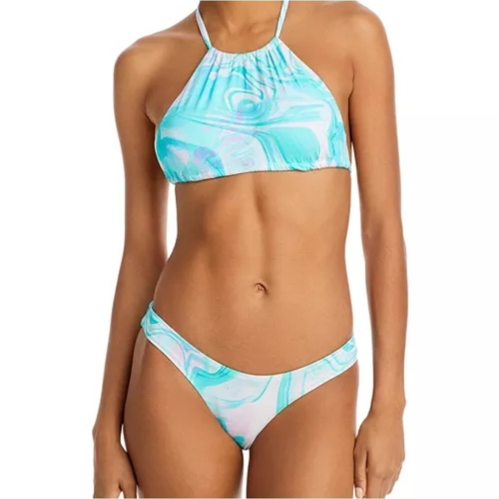 AQUA‎ Swim Womens Marble Print Halter Bikini Set Turquoise Purple Size S NWT